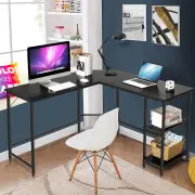 CostwayL-Shaped Desk with 2-Tier Storage Shelf for Home-Black