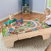 Kids Wooden Train Set Railway Activity Track Set Play Table with Storage Drawer 80PC 107(L) x63(W) X40(H) cm