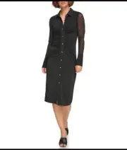 NEW DKNY Stretch Mesh Collared Neckline Long Sleeve Ruched Midi Dress Size 16