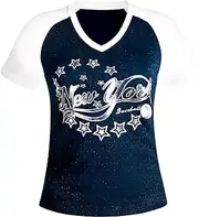 Simapak Womens Baseball Foiled Glitter Sparkly Fans Athletic City Raglan T-Shirts - White & Navy