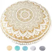 Mandala Life ART Bohemian Yoga Décor Floor Cushion Cover - Insert NOT Included - Round Mediation Pillow Case - Hand Printed Organic Cotton Pouf
