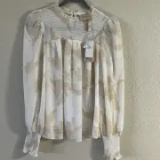 NWT Elie Tahari Beige White Sheer Blouse Women Size Small Boho Ruffled Neck