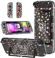 GLDRAM Cute Case for Nintendo Switch 2 (2025), Clear Glitter Sakura PC Protective Case + Split PC Joycon Cover, Hardshell Shock & Scratch Skin Protector Accessories for Girls - Cherry Blossom