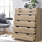 Artiss Chest of Drawers 6 Drawer Oak Tallboy, Dresser Clothes Storage Cabinet Organizer Lowboy Bedside Table Bedroom Furniture Home Living Room Hallway Entryway
