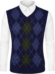 [Lars Amadeus] Men's Casual Argyle Vest Sweater V Neck Slim Fit Sleeveless Knit Pullover