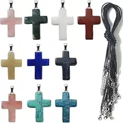 GXXMEI 20PCS/Set Cross Shape Stone Pendants with Leather Chain Chakra Beads Crystal Quartz Healing Charms for DIY Necklace Jewelry Making, Assorted Color, Stone Leather, Quartz