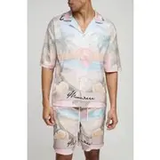 Mens Light Pink Oversized Half Sleeve Palm Tree Printed Satin Shirt & Short Set