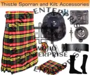 Scottish Traditional Buchanan Tartan 8 yard Kilt & Antique Accessories for Men's