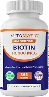 Vitamatic Biotin 10,000 mcg for Stronger Hair, Skin & Nails - 365 Vegan Tablets- Also Called Vitamin B7