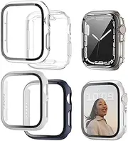 [4 Pack] Hard PC + Transparent Soft TPU Protective Case for Apple Watch Series 7 41mm, Built-in Tempered Glass Full Coverage Anti-Scratch Screen Protector for iWatch 7(TPU/White/Blue/Clear)