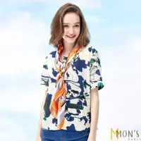 在飛比找momo購物網優惠-【MON’S】歐式花卉雙縐100%蠶絲綁帶上衣