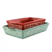 Laurie Gates 2 Piece Tierra Wax Relief Stoneware Baker Set in Red & Mint