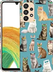[GlamCase] for Samsung Galaxy A23 5G / 4G, Galaxy A23 5G / 4G Case - Cat Pattern With Sunglasses Teal Printed Slim Cute Plastic Protective Designer Back Phone Case/Cover for Samsung A23 5G / 4G