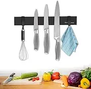 Magnetic Knife Holder for Wall, 10 Inch black Magnetic Knife Strip no Drilling with 2 Hooks, Stainless Steel Magnet Knife Holder, Powerful Magnetic Knife Rack for Knives, Utensils and Tools