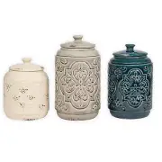 Ceramic Distressed Quilt Pattern Blue Grey Cream 3 Pc Canister Set