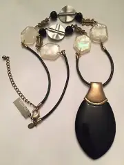 Chico’s “Danita Pendant” Large Black Lucite Faux MOP Necklace NWT