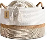 DelSol Large Blanket Basket Woven Wicker Nursery Cotton Rope Baskets for Storage Pillows Clothes Toy Organizer Hamper with Handle (Camel & White)