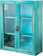 Retro Style Wood Display Cabinet,Desktop Storage Box with Dustproof Glass Door,Vertical Cabinet Sundries/Jewelry Box,for Bedroom,Living Room,Sixgrid-Blue-37cm×13.1cm×45.5cm