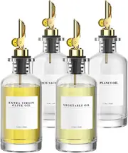 4 Pack Olive Oil Dispensers Bottle, Weighted Pourer 80 Labels Gold 350ml