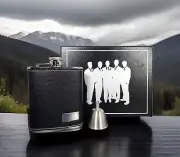 VISOL Black Leather/Stainless 6oz TUXEDO Flask~Funnel GROOMSMAN/BEST MAN SET