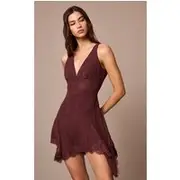 Dark Plum Chiffon Sheer Lace Trim Plunge Bodycon Dress, Dark Plum