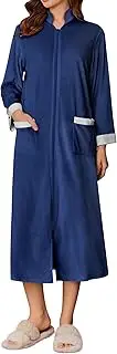 [Ekouaer] Women Zip Up Robe Fleece House Coats Full Length House Dress Long Sleeve Bathrobe with Pockets S-3XL