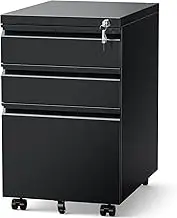 Approgreent 3 Drawer File Cabinet for Home Office, Under Desk Mobile Filing Cabinet with Lock for A4-Size/Letter-Size/Legal-Size, Fully Assembled Except Casters, Black