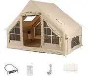 Inflatable Camping Tents with Pump, Air Glamping Tents, Easy Setup Waterproof and Windproof Blow up Tent, 4 Seasons Oxford Cabin Tent with Mesh & Chimney Window.