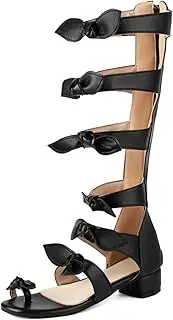 [ZJWBB] Women's Knee High Strappy Gladiator Sandals Open Toe Chunky Heel Satin Bow Summer Boots Comfortable Low Block Heel Dress Sandals