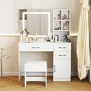 ADVWIN Dressing Table with Mirror and Lights, Power Outlet and LED Strip 3-Color Adjustable Makeup Mirror Vanity Desk Set with Drawers & Cabinet and Chair for Bedroom & Dressing Room