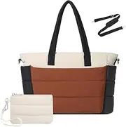 [BAVERGE] Tote Bag for Women 2PCS, Puffer Quilted Shoulder Bag Handbag with Laptop Compartment Detachable Purse for Travel Gym
