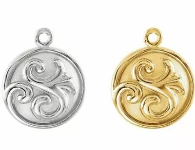 10K 14K 18K Solid Gold Vintage Style Scroll Round Charm Disc Dangle Pendant Drop