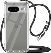 [YESPURE] for Google Pixel 8 Clear Case Adjustable Shoulder Neck Lanyard Crossbody Strap Phone Cover Women Girls Soft Slim Bumper Shockproof Protective Mobile Case for Pixel 8 - Black