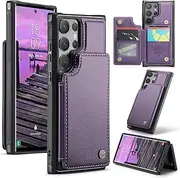 [ELEPIK] for Galaxy S22 Ultra Case with Card Holder, Kickstand [5 Card/Cash Holder] [for Women & Men] [Durable PU Leather] Magnetic Wallet Phone Cover for Samsung Galaxy S22 Ultra, Fashion Purple