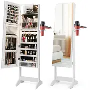 Giantex Jewellery Cabinet Makeup Mirror Jewellrry Organiser w/3-Color LED Lights Floor Jewellery Box White