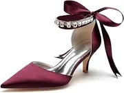[Minishion] Womens Elegant Wedding Heels Pointed Toe Ankle Chain Evening Formal Pumps with Ribbon BR106, Br106 Burgundy 6cm Heel, 10.5