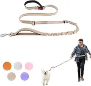 PUKAKO Hands Free Dog Leash, Waist Leash for Dog Walking, Adjustable Heavy Duty Leash for Small Medium Large Dogs Training Running, Reflective Bungee Elastic Leash with Car Seat Belt 5-7FT Khaki