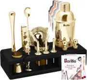 Gold Bartender Kit - Stainless-Steel Cocktail Shaker Set w/Black Bamboo Stand