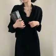 Set: Plain Linen Slipdress + Long Sleeve Plain Shirt Set of 2: Black - One Size