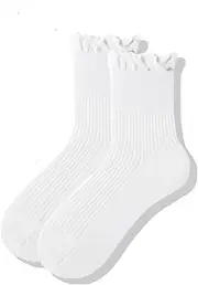[PLZSITDOWN] Womens Ruffle Socks Cotton Cute Crew Socks Soft Breathable Lettuce Edge Socks for Women, White, One Size