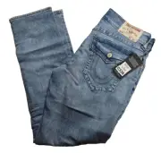 True Religion Geno Flap Straight Jeans 30x32 Ashley Light Wash w/Rips 106054