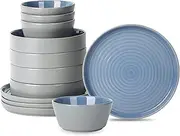 Stone Lain Elica 12-Piece Dinnerware Set Stoneware, Plates and Bowl Set, Blue and Grey