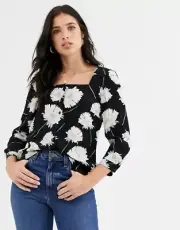 Warehouse Mia Floral Button Up 3/4 Sleeve Square Neck Top Blouse Size 10 NWT