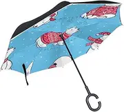 Double Layer Inverted Umbrella Cars Reverse Umbrella Christmas Sweater Polar Bears Windproof UV Proof Travel Outdoor Umbrella