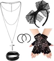 [SAFIGLE] 1 Set Party Lace Gloves Choker Necklace for Women Adult Halloween Costumes Women Lace Gloves for Tea Party Necklaces for Prom Vampire Accessories Women Black Plastic