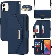[Cavor] Crossbody Wallet Case for iPhone 12/ 12 Pro Case (6.1") Flip Cover Magnetic Leather Women Handbag Card Slots Holder Zipper Kickstand Purse with Detachable Shoulder Necklace Lanyard Strap--Navy Blue