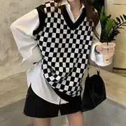 Plain Shirt / Checker Print Sweater Vest Shirt - White - S