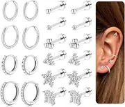 [Kakonia] Flat Back Earrings Stud Hoop Earrings Silver Surgical Steel Earrings Studs Small Huggie Hoop 18K Gold Sleepers Sarrings Cubic Zirconia Butterfly Cartilage Helix Piercing