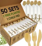 Premium Pre-Rolled Napkin and Bamboo Cutlery Set (50 Pack, 200 PCS) 100% Biod...