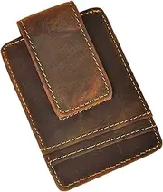[Le'aokuu] Cowhide Magnet Money Clip Wallet ID Card Business Card Case Credit Card Holder for Men (A Dark Brown)